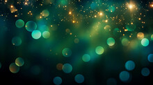 Abstract Colorful Glowing Bokeh On Dark Green Background. Christmas And New Year Wallpaper.