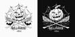 Halloween label with pumpkin head with grinning grimace, criss crossed brooms, bats, grunge silhouette of spider web, text. Black and white illustration in vintage style. Not AI