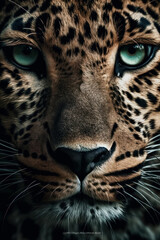 Poster - A breathtaking photograph of a leopard's striking blue eyes, a true work of art that celebrates the beauty of wildlife. AI Generative