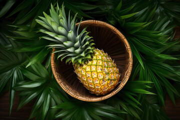  Pineapple in a wooden basket on a green leaf background.