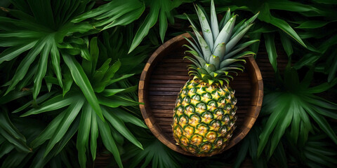  Top view of one pineapple in a wooden basket on a green leaf background.