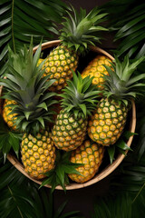  Top view of a medley of pineapples in a wooden basket on a green leaf background.