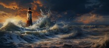 Lighthouse On The Shore In A Storm Banner Generative AI