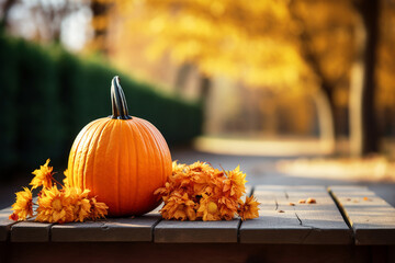 Halloween, orange pumpkin on wooden table on a blurred natural background. Copy space. Selective focus. Generative AI