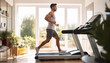 A complete profile shot showcasing a young man in the midst of a vigorous run on a home treadmill, epitomizing his commitment to personal fitness within the cozy confines of his residence.