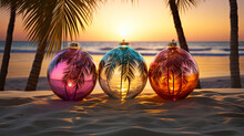 Christmas Tree Decorations On Tropical Beach At Sunset. Holiday And Celebration Concept. Palm Tree And Colorful Christmas Ornaments On The Beach With Palm Trees At Sunset