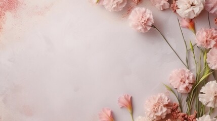  space for text on textured background surrounded by Carnation flowers from top view, background image, AI generated