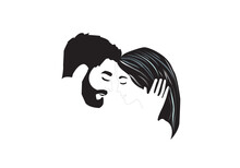 Portrait Line Art Of сouple In Love Drawing Style.Loving Man And Woman Hug Each Other Black Hair Line Art Sketch Illoustration.
