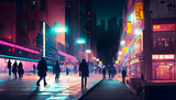 Fototapeta Londyn - City walking, on sidewalk in a busy city night neon light for background, Generative AI.