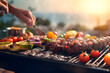 Grilling fresh produce and meat on summer barbecue