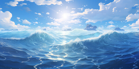 Wall Mural - Ocean in blue and white in the style of anime art 