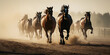 Group of brown thoroughbred racing horses gallop along dusty ground at ranch outdoor