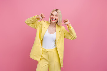 Sticker - Photo of confident cool woman dressed blazer suit showing two thumbs herself isolated pink color background