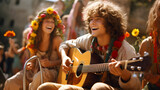 Fototapeta  - Young hippie girls and boys singing songs and playing guitar at a flower power festival
