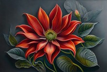 A Painting Of A Flower On A Gray Background, An Airbrush Painting By Earnst Haeckel, Trending On Zbrush Central, Cloisonnism, High Detail, Detailed Painting, Biomorphic, Red 