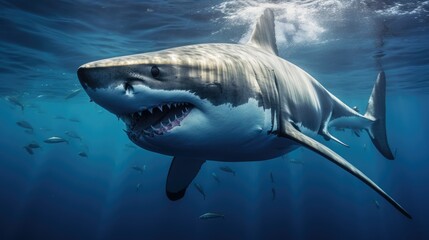 Wall Mural - Great White Shark deep ocean, close up