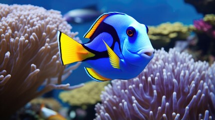 Wall Mural - Blue tang, surgeon fish with anemone background