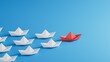 Different business concept.new ideas. paper art style. creative idea.Leadership concept, red paper ship leading among white.3D rendering on blue background.
