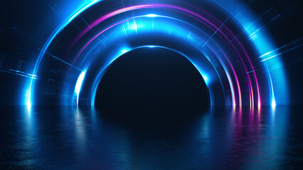 Wall Mural - abstract background with blue futuristic portal concept. bright neon lights and flares graphics for 