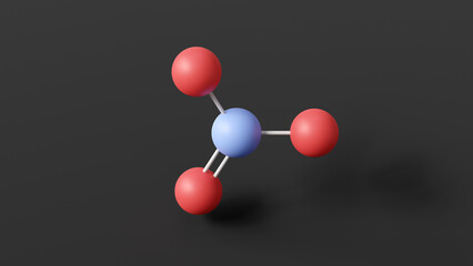 Poster - nitrate molecule, molecular structure, polyatomic ion, ball and stick 3d model, structural chemical formula with colored atoms