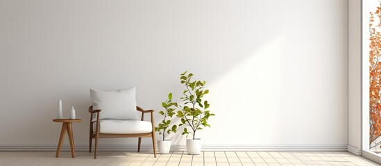 Brazilian chair hanging by window in white flat with leaf posters With copyspace for text