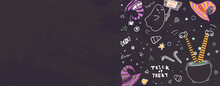 Dark Gray Banner. Cute Mystic Pattern On Grunge Texture. Halloween Illustration. Halloween, 31 October.