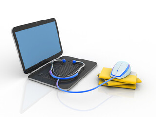 Sticker - 3d rendering Folder with laptop near mouse connected stethoscope