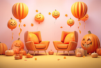 Wall Mural - 3d render orange background with pumpkins and halloween decoration on it.