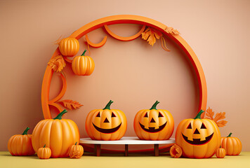 Wall Mural - orange background with pumpkins and halloween decoration on it.