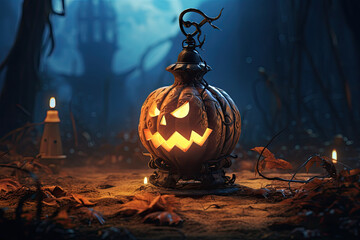 Wall Mural - halloween 3d render background with pumpkin lanterns. 