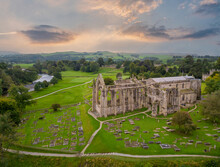 Bolton Abbey North Yorkshire, Aerial View Of The Abbey And Surrounding Yorkshire Countryside Including The River Wharfe. United Kingdom Historic Church And Priory
