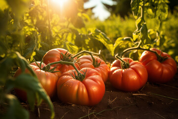 Wall Mural - fresh heirloom tomatoes growing in evening garden, Generative AI