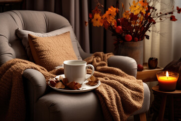 Wall Mural - cozy autumn interior in natural tones, armchair blanket candles leaves