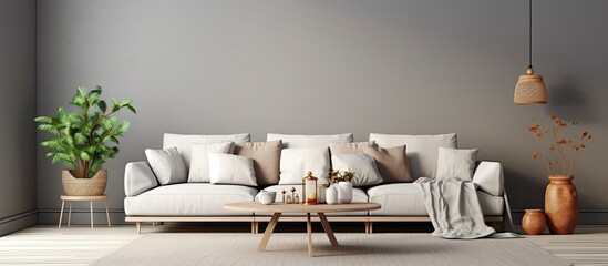 Poster - Stylish living room with gray sofa wooden coffee table pillows and elegant accessories With copyspace for text