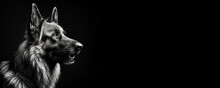 Black And White Portrait Of A German Shepherd Dog Isolated On Black Background Banner With Copy Space