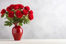 Red Roses In Vase On White Table With Light Background. Generative AI