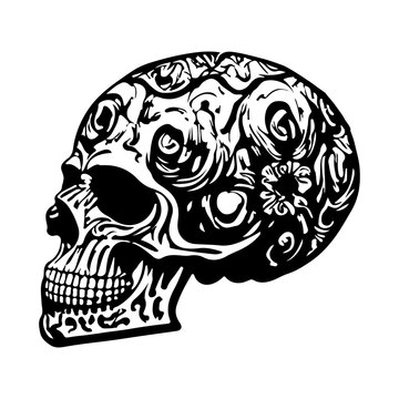 Human skull with ornamental pattern. Symbol of death. Black and white vector illustration.