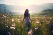 A person stands in the Mountain meadows dotted with wildflowers,It brings about a sense of calm, rejuvenation