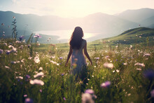 A Person Stands In The Mountain Meadows Dotted With Wildflowers,It Brings About A Sense Of Calm, Rejuvenation