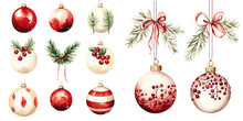 Set Of Christmas Balls Cherry Red And Soft Beige Watercolor Vectors