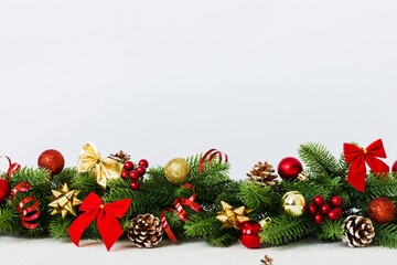 new year christmas tree toy, branches of a christmas tree, new year decorations on a colored backgro