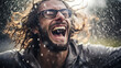 Joyful portrait of someone laughing in the rain, using high shutter speed to freeze raindrops, photography