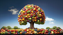 Everyone's Desire Is For A Tree To Bear A Variety Of Fruits. The Many Fruits On The Tree Are A Real Collection Of Vitamins. Healthy Life Concept. Background, Wallpaper And Copy Space. AI Generated.