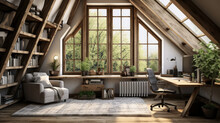 Cozy Attic Space Features Exposed Wooden Beams And Plush Carpets A Comfortable Armchair Sits Beside A Large Window And A Corner Desk Is Tucked Away In The Corner