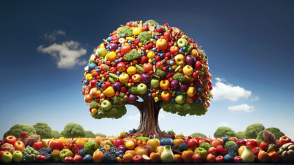 Everyone's desire is for a tree to bear a variety of fruits. The many fruits on the tree are a real collection of vitamins. Healthy life concept. Background, wallpaper and copy space. AI generated.