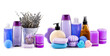 © alinamd - Scented candles, soaps, shampoos and other cosmetics with lavender extract isolated on white. Collage. Wide photo.