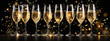 2024 Happy New Year. Champagne glasses illustration. Restaurant glassware. Bubbly in glass. Champagne glasses, fizzy champaign in goblet. Holiday golden glitter confetti. 2024 New Year