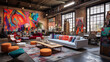 Enter an artist's loft with high ceilings and abundant natural light. Colorful artwork, eclectic furnishings, and an industrial aesthetic make this loft a vibrant and inspiring space for creativity an