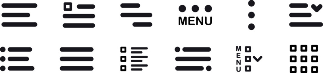 Aufkleber - Set of black menu buttons for website UI navigation. Hamburger web and mobile app menu icons. Burger menu UI design elements button. Set of modern navigation buttons or Web menu and ui icons set