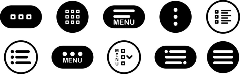 Wall Mural - Set of black menu buttons for website UI navigation. Hamburger web and mobile app menu icons. Burger menu UI design elements button. Set of modern navigation buttons or Web menu and ui icons set